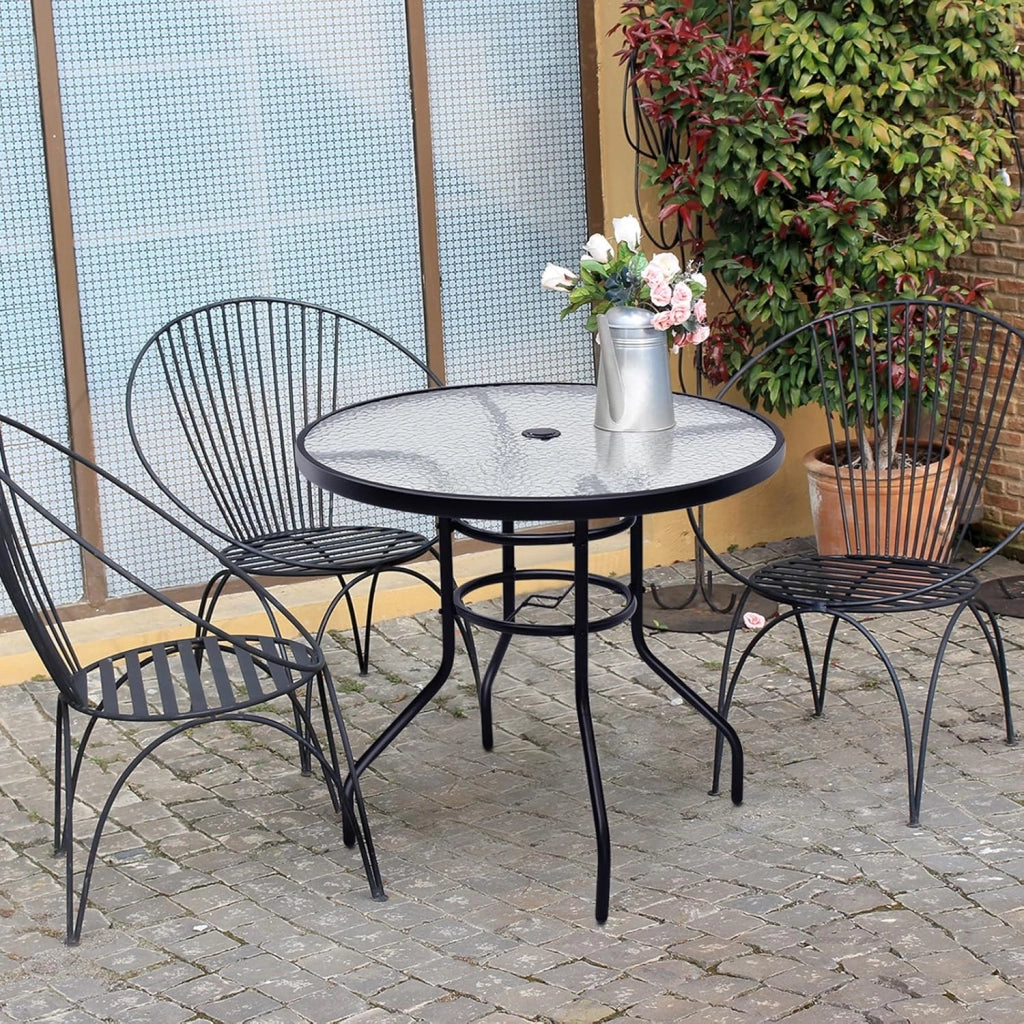 Tavolino da Giardino Rotondo con Foro per Ombrellone, Tavolino da Esterno in Metallo e Vetro, per Cortile Giardino Balcone, 81x81x71cm (Rotondo)