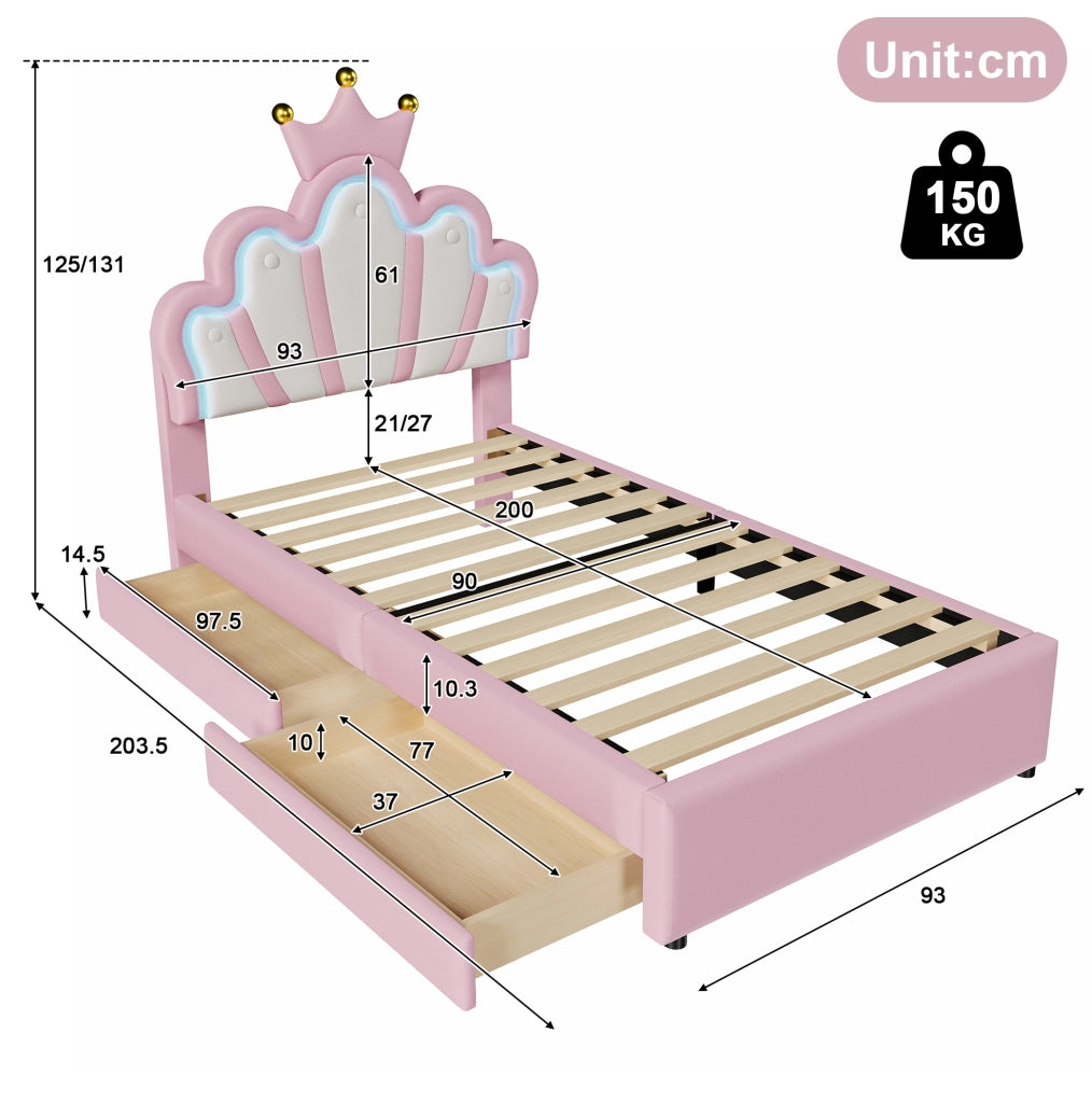 Letto per bambini 90x200 cm rosa con LED e 2 cassetti