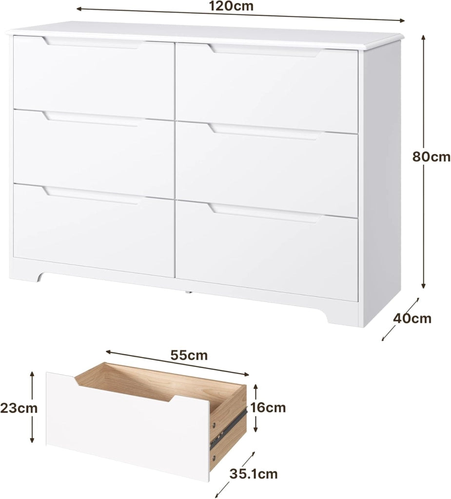 Cassettiera Camera da Letto con 6 cassetti, settimino camera da letto,Moderno e Salvaspazio per la Camera da Letto Soggiorno e Ingresso, 120x40x80CM,Bianco