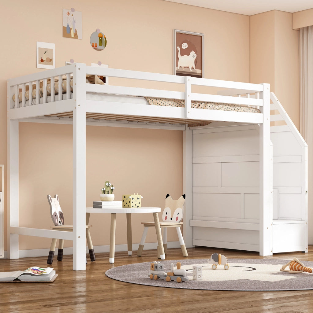 Letto a soppalco 90x200 cm con scala contenitore, bianco