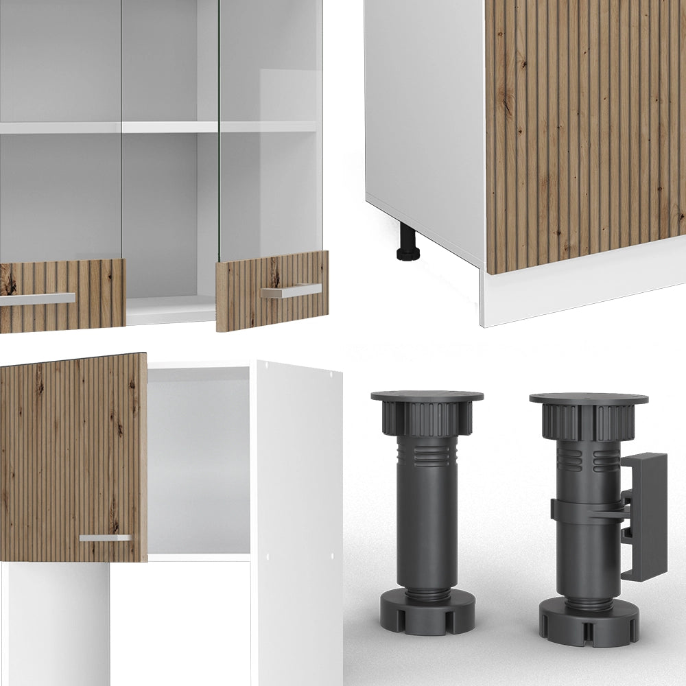 Vicco Cucina componibile Rovere artigianale/bianco 300 cm con armadio alto, PL Marmo