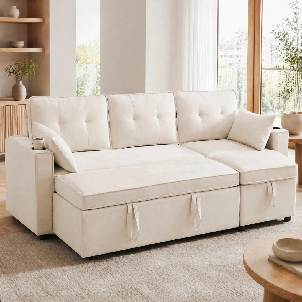 Divano letto angolare beige reversibile con contenitore