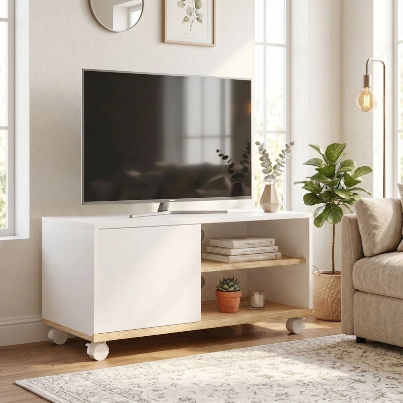 Mobile TV compatto su ruote con vano chiuso e ripiano regolabile, bianco e rovere chiaro