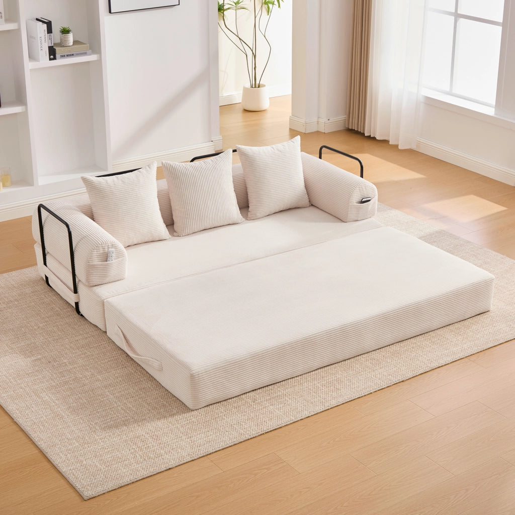 Divano modulare in velluto a coste beige con 3 cuscini; tasca laterale; 200x94x67 cm