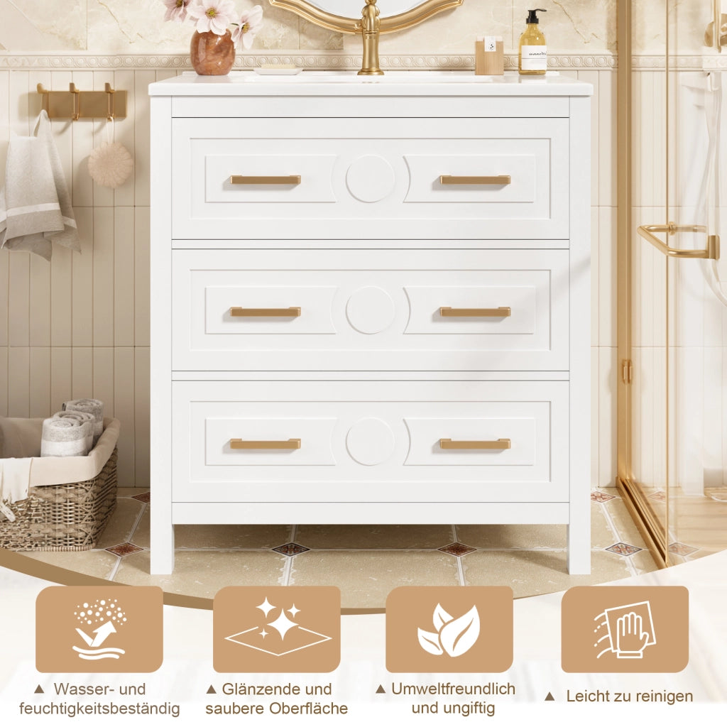 Mobile sottolavabo con lavabo in ceramica, 3 cassetti silenziosi, MDF bianco 76,5 × 47 × 82 cm