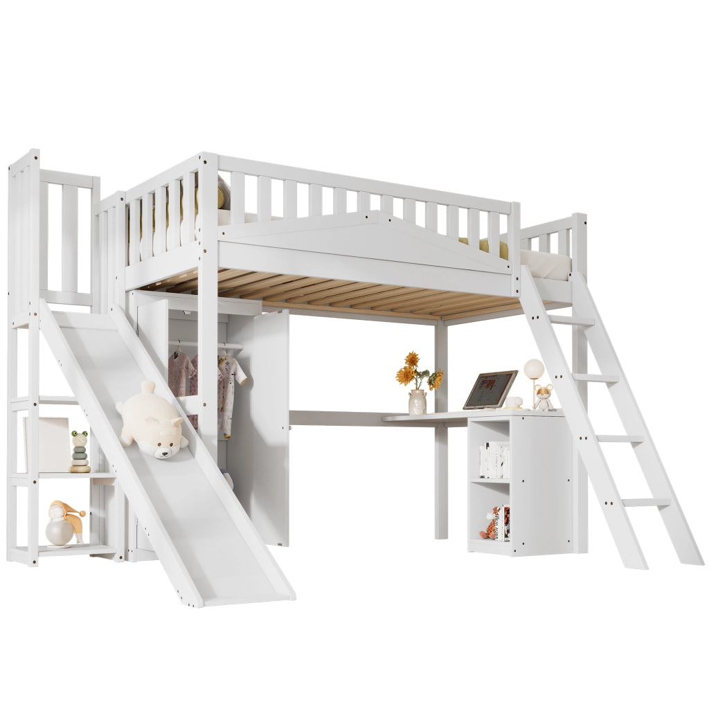 OKWISH Letto a Castello 90×200 cm, Letto Singolo con Scivolo, Scrivania, Armadio, Mensole e Scala, senza Materasso, Bianco