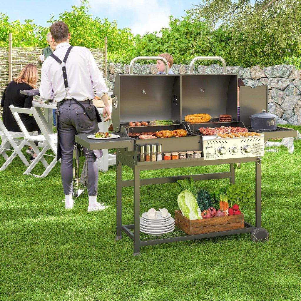 Barbecue a Carbone e Gas 3 Bruciatori ¨C Xylo ¨C con Coperchio, Termometro, Ruote e Ripiani, Nero