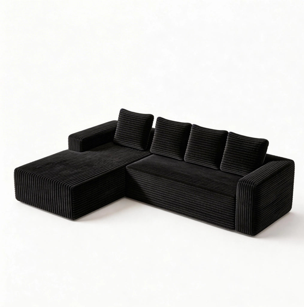Divano modulare angolare con chaise reversibile; senza montaggio; in velluto a coste nero