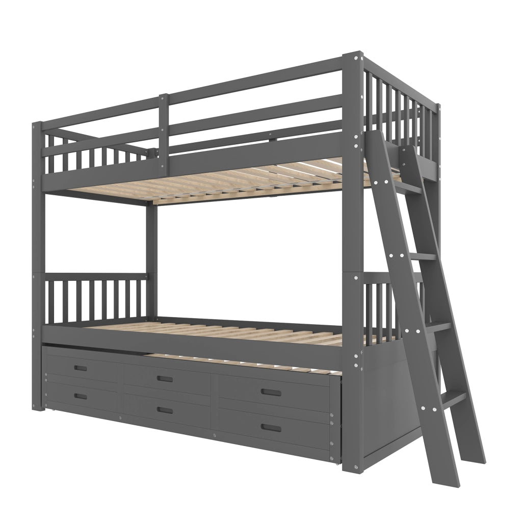 Letto a Castello 90x200 cm con 3 Cassetti e Letto Estraibile; in Legno e MDF Grigio