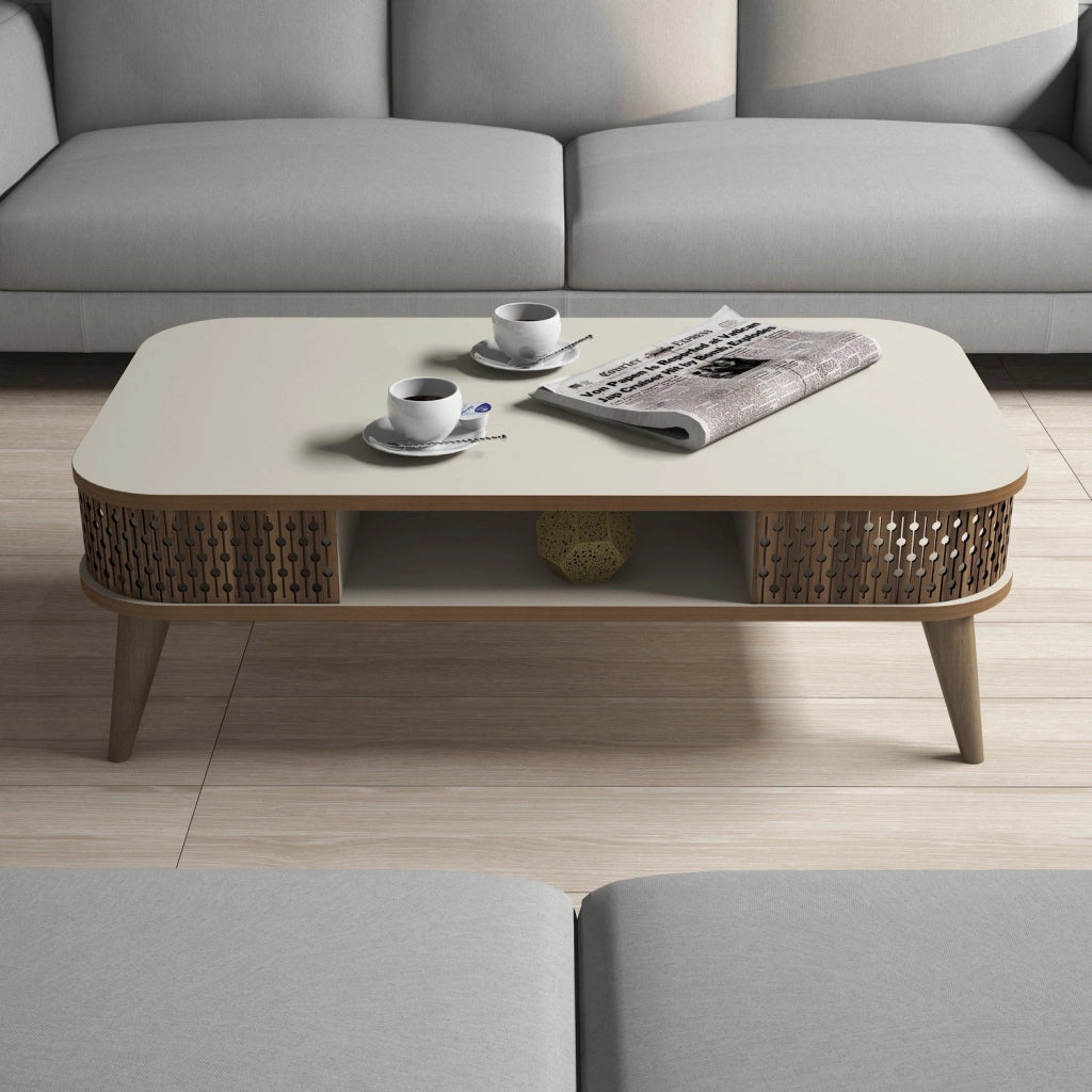 Tavolino da caffè in legno "Eylül" - 105 x 60 x 34 cm - Crema