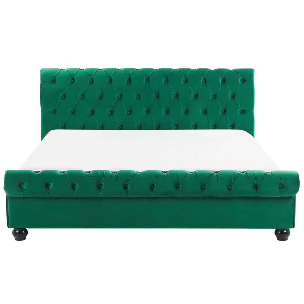 Letto rivestimento in velluto verde Gambe in legno Nero 180 x 200 cm abbottonato Glam