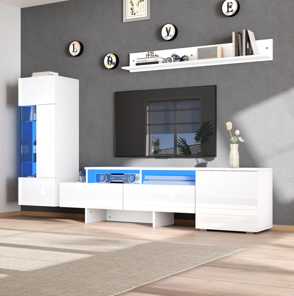 Parete attrezzata TV 3 pezzi bianca con LED, mobile TV 170 cm e pensile