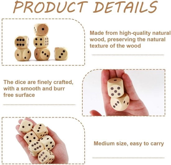 Set di Dadi in Legno da 6 - Cubi Grossi 30 mm - Gioco da Tavolo in Legno Naturale - Giochi Educativi - Molteplici Utilizzazioni - Robusto e Duraturo - Dadi in Legno Cubici
