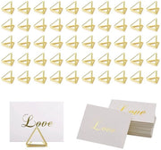 Set di 100 cartellini di posto, 50 supporti per numero di tavolo, forma triangolare con 50 cartellini di posto, supporto per cartellini di tavolo, supporto per foto, supporto standard, clip per matrimonio, festa, baby shower (oro)