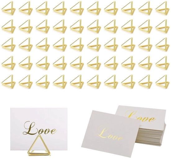 Set di 100 cartellini di posto, 50 supporti per numero di tavolo, forma triangolare con 50 cartellini di posto, supporto per cartellini di tavolo, supporto per foto, supporto standard, clip per matrimonio, festa, baby shower (oro)