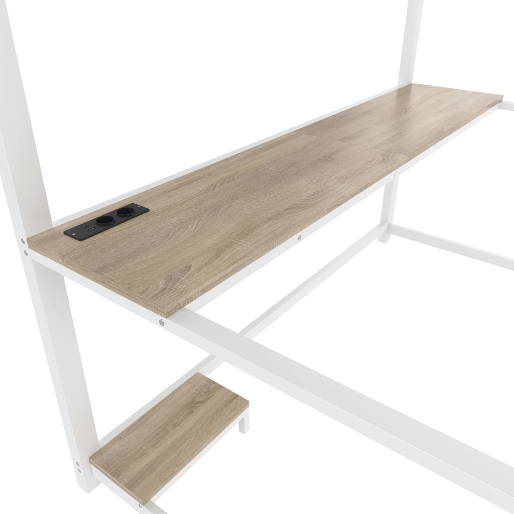 LETTO a soppalco 140x200 cm in metallo bianco con scrivania, presa USB e scale