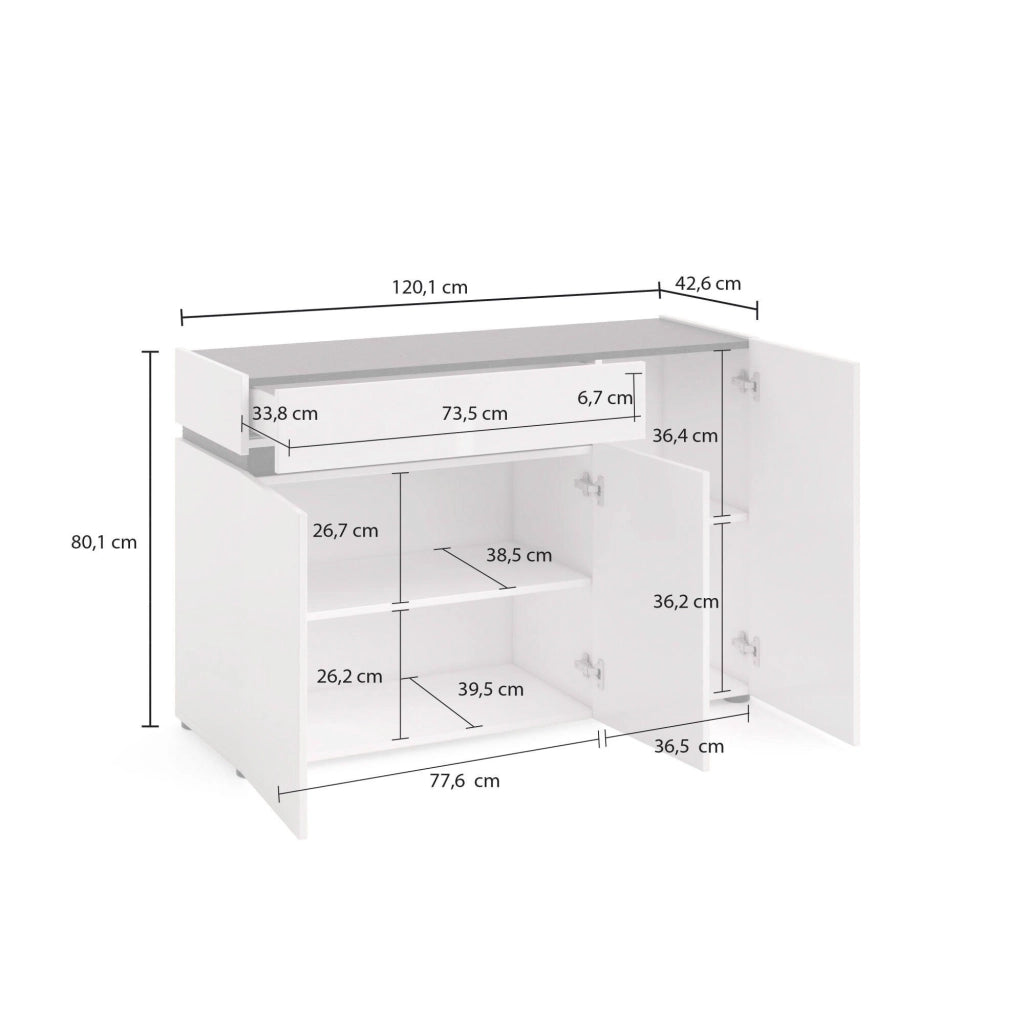 Madia Bajardo, Credenza 2 Ripiani Made in Italy, 120x42x80h cm Bianco Lucido