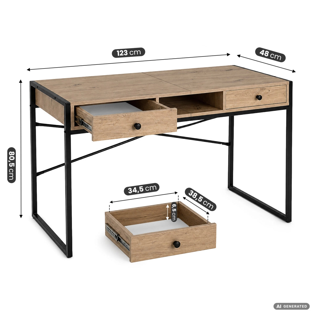 Scrivania industriale per computer Rovere Artisan ELONIS 123 cm 2 cassetti 1 ripiano gambe nere