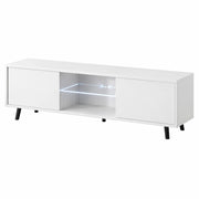 Mobile TV Con Due Ante Battenti Porta Televisore In Melaminico Vano Centrale Con Ripiano In Vetro E LED Piedini In Metallo Per Soggiorno Salotto Zona Living 140 X 31.5 X 40 Cm Bianco