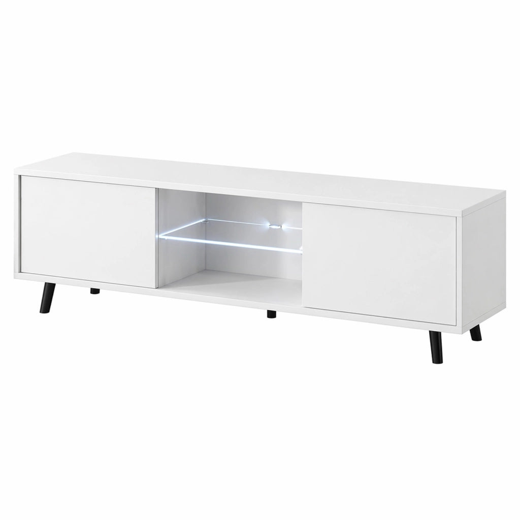Mobile TV Con Due Ante Battenti Porta Televisore In Melaminico Vano Centrale Con Ripiano In Vetro E LED Piedini In Metallo Per Soggiorno Salotto Zona Living 140 X 31.5 X 40 Cm Bianco