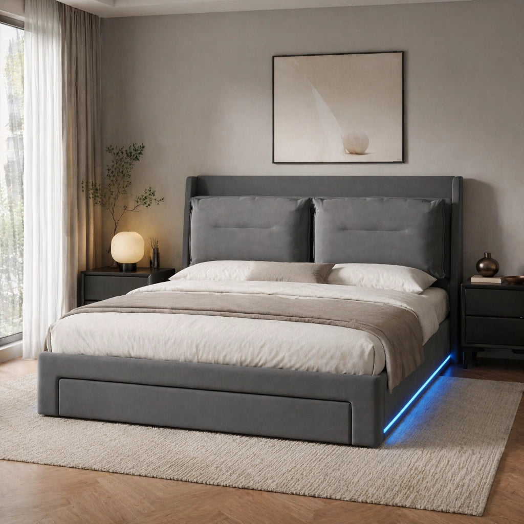 LETTO Contenitore Idraulico 140x190 cm in Velluto Grigio Scuro