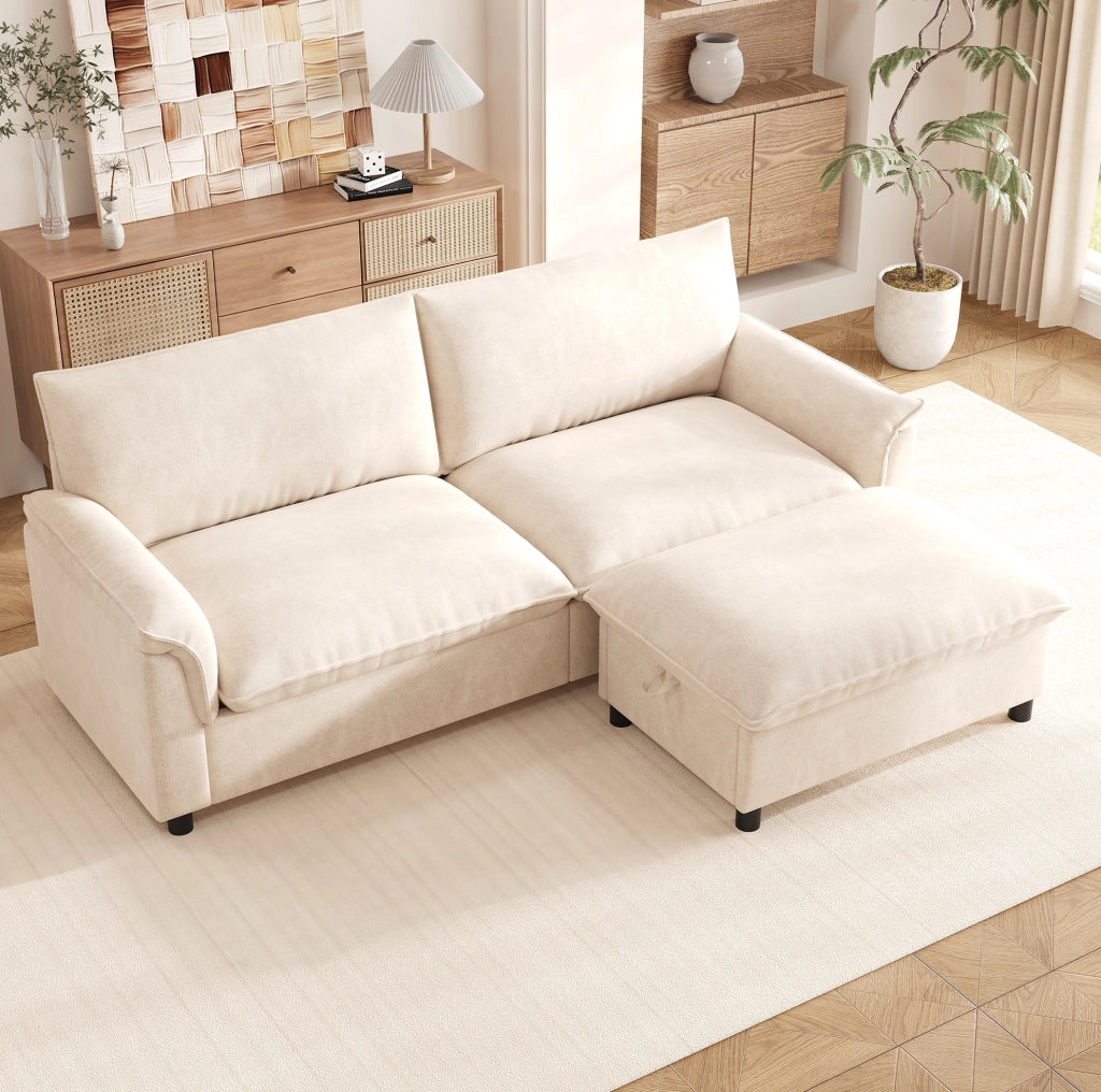 Divano modulare a nuvola con pouf mobile e vano contenitore 216x77x82 cm; chenille beige