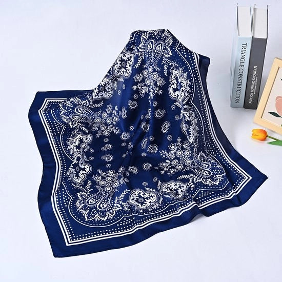 Sciarpa per donna - Sciarpa modaiola in rayon - Foulard quadrato - Sciarpa in seta vintage per capelli - Cintura per capelli - Sciarpa morbida - Sciarpa modaiola a fiori di cashew - Unisex - 70x70cm - blu marino