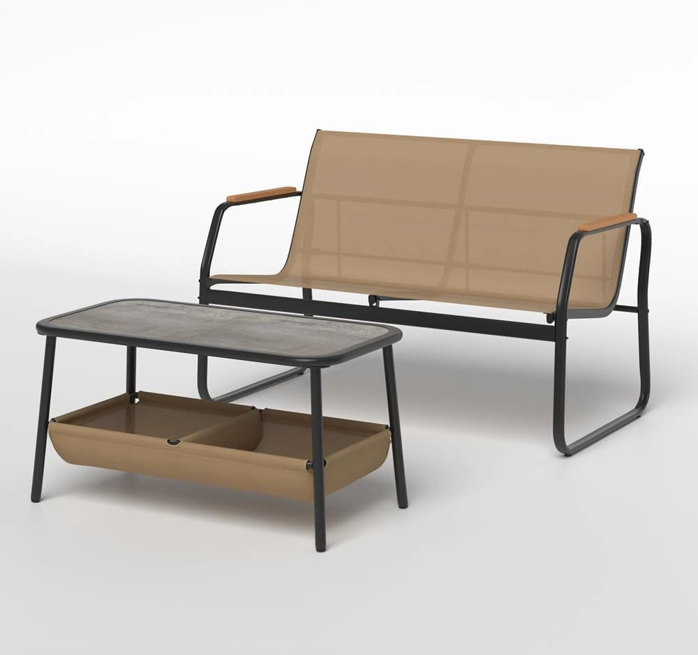 Set di mobili da giardino con tavolino da caffè, 2 posti, mobili da balcone, panca in textilene, mobili da terrazza, per esterni, tavolino con 2 scomparti