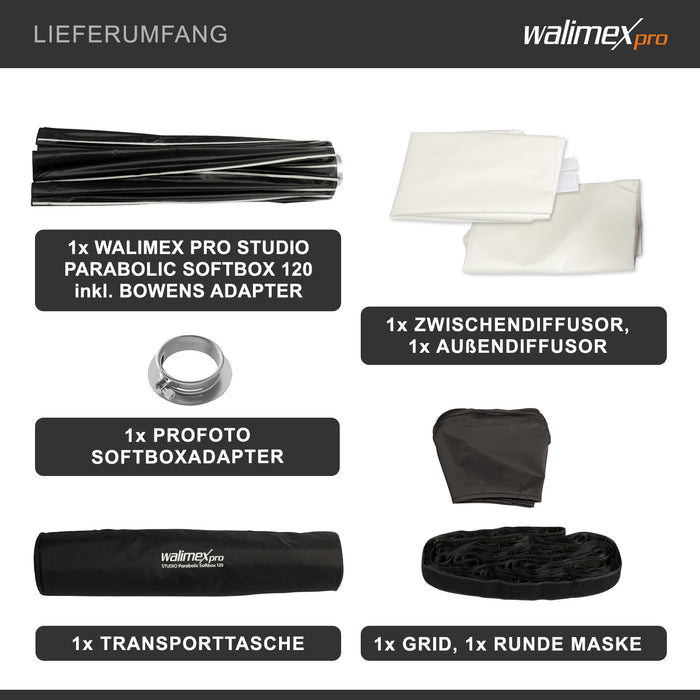 Studio Parabolic Softbox 120 cm + adattatore softbox per Profoto (diametro esterno: 15,2 cm), ruotabile a 360°, con griglia, maschera, adattatore Bowens e borsa per il trasporto