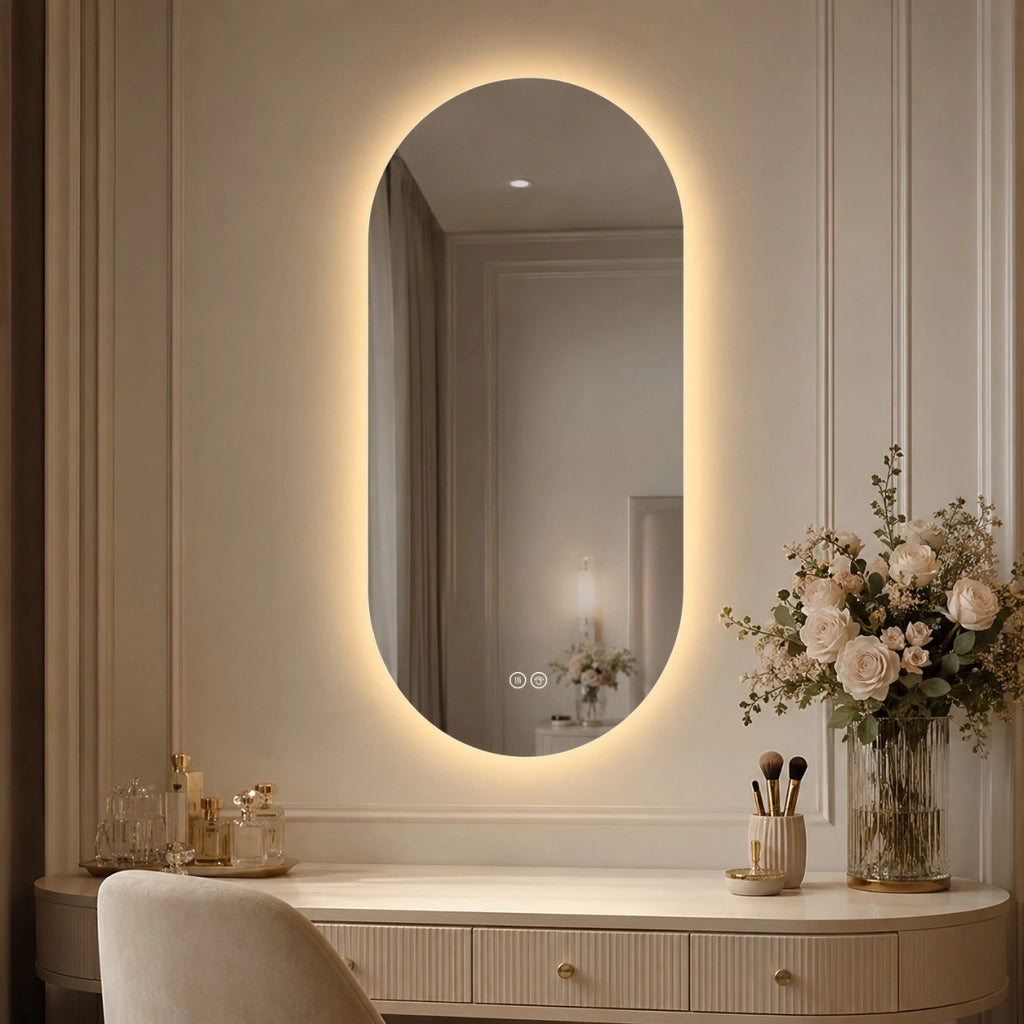 SPECCHIO BAGNO LED ROTONDO 60x120 cm ARGENTO IN VETRO E METALLO ANTI-APPANNAMENTO