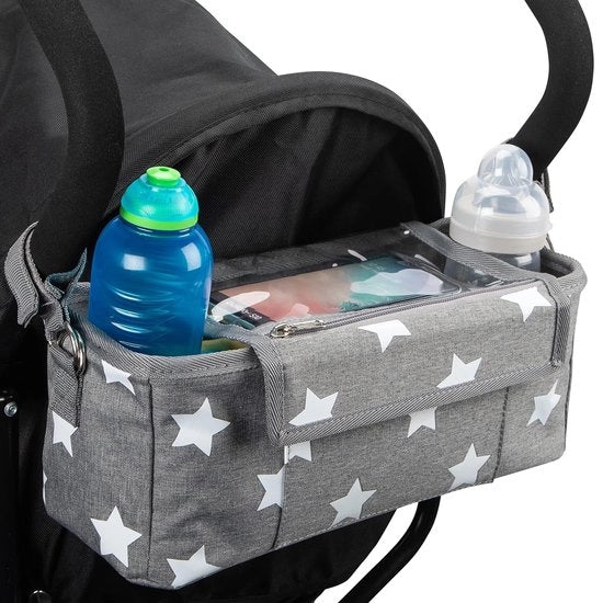 Organizzatore di passeggino, organizzatore di passeggino con protezione antisole impermeabile. Grigio - bianco stellato. SENZA clips di passeggino.