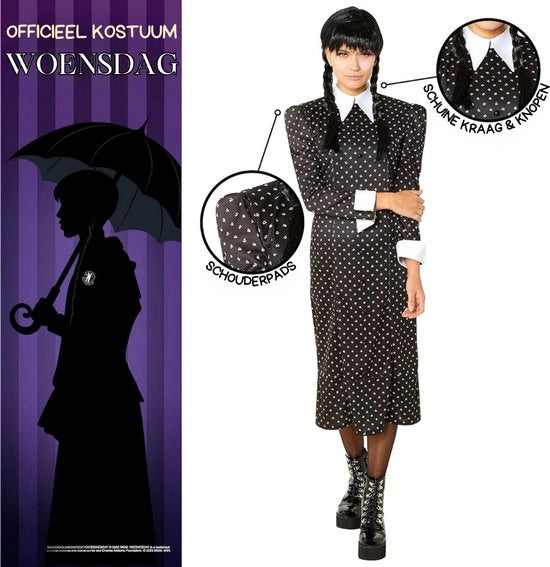 Costumi da Carnevale per Donne - Mercoledì Notturna - Abito da Sera a Maniche Lunghe con Disegno a Fumetti Nero per Halloween, Carnevale, Festa e Cosplay