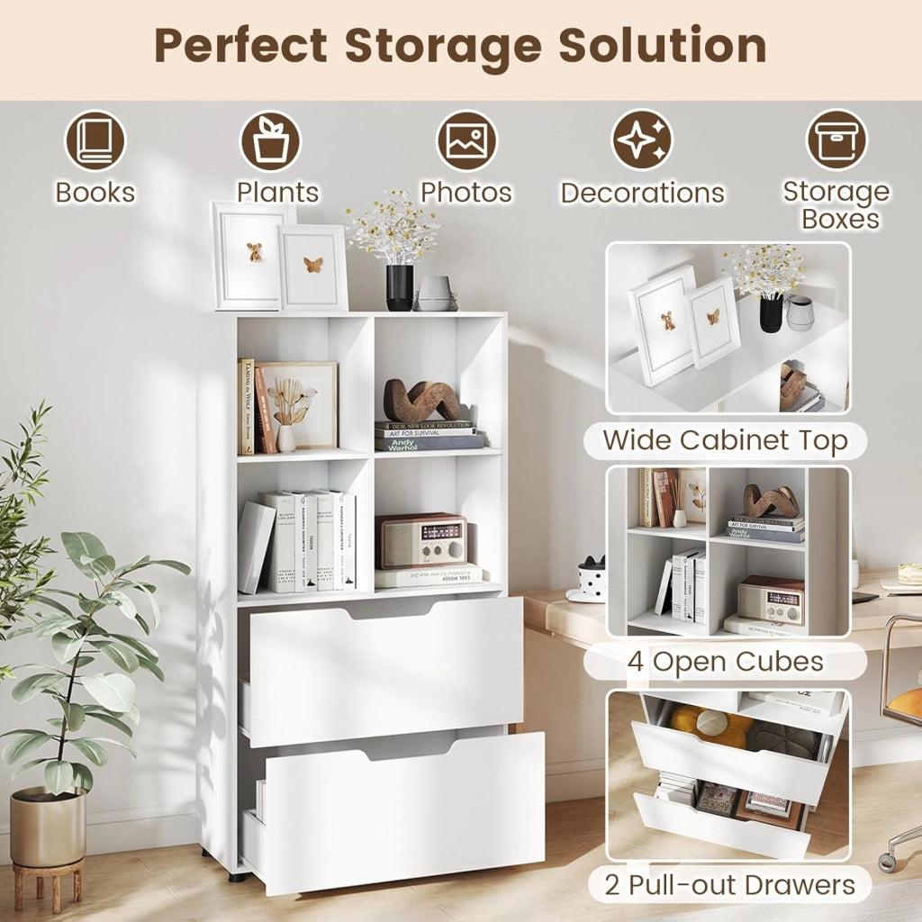 Libreria Scaffale in Legno con 4 Cubi e 2 Cassetti, Libreria Chiusa con Dispositivo Antiribaltamento, Mobile per Soggiorno, Ufficio, Camera da Letto, 70 x 33,5 x 130 cm (Bianco)