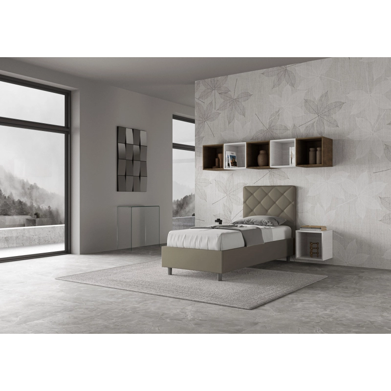 Letto imbottito Singolo 80x190 cm Priya - Similpelle,Cappuccino,Con rete
