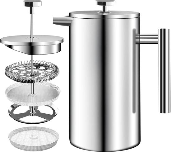 Caffettiera a Pistone in Acciaio Inossidabile 34oz (1.0 Litro) con Sistema di Filtrazione a 3 Livelli - Caffettiera a Doppio Strato con Isolamento Termico e 1 Filtro Extra (Argento)