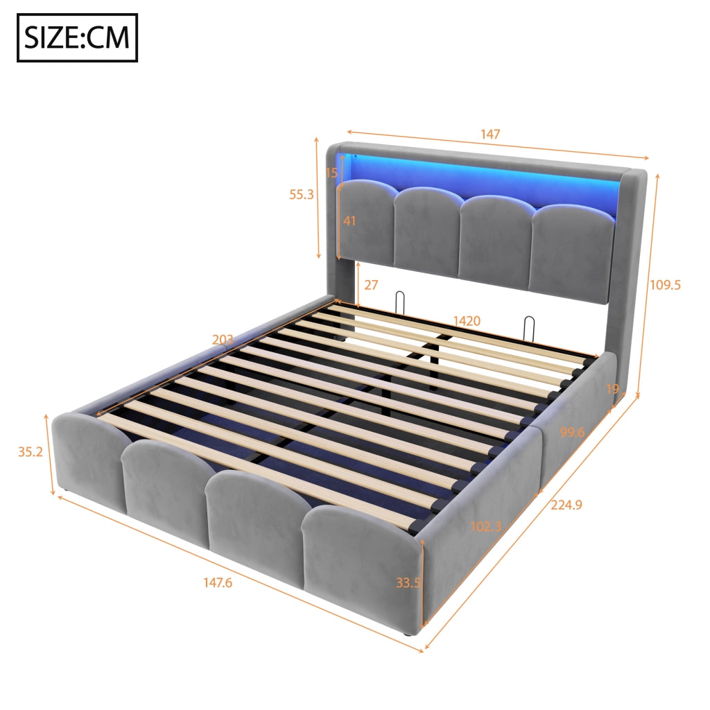 Letto imbottito matrimoniale 140 × 200 cm con contenitore, testiera con USB e Type-C, LED e velluto grigio