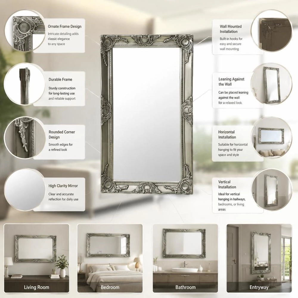 Baroque-style Wall Mirror, 50x80 Cm, Silver