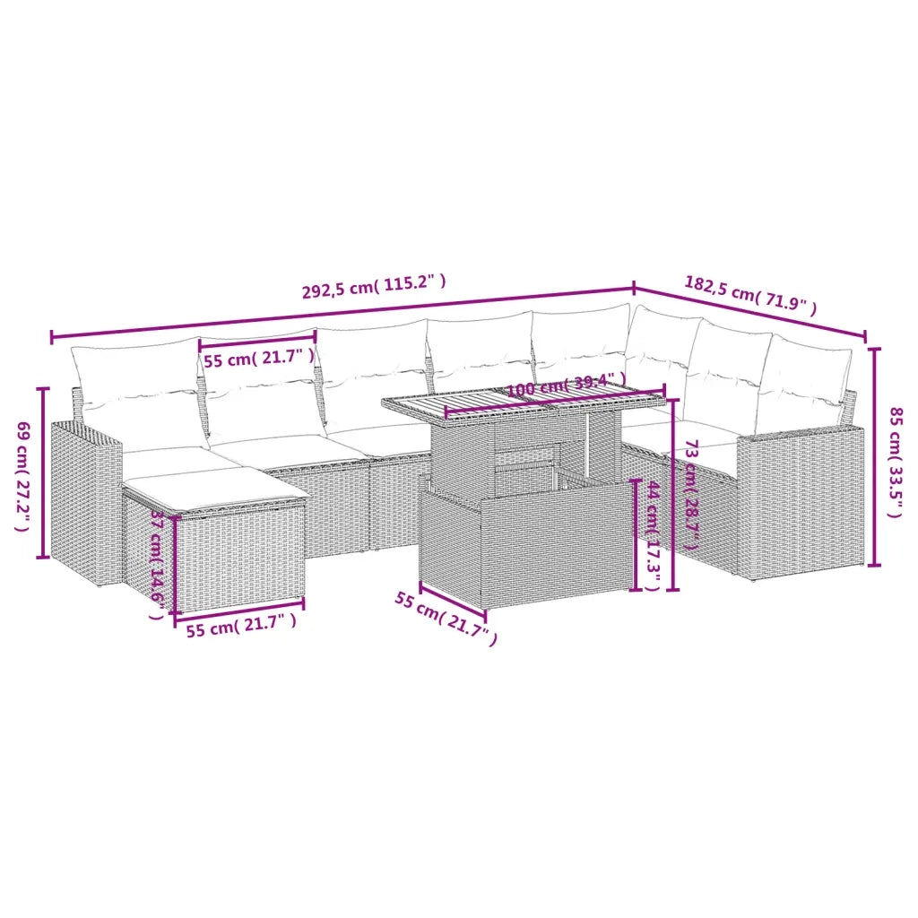 Set Divano da Giardino 9 pz con Cuscini Grigio in Polyrattan