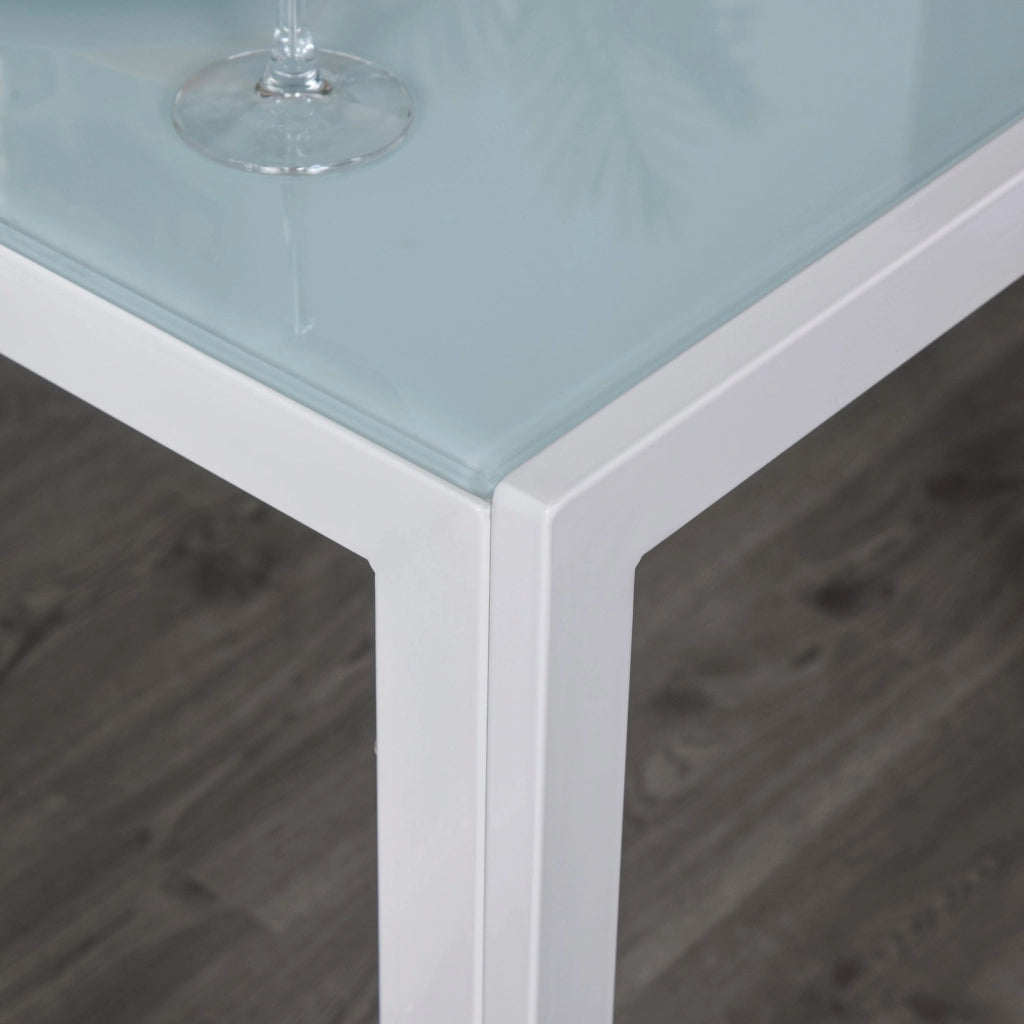 Set da Pranzo Tavolo con Piano in Vetro e 4 Sedie in Metallo e Similpelle  Bianco