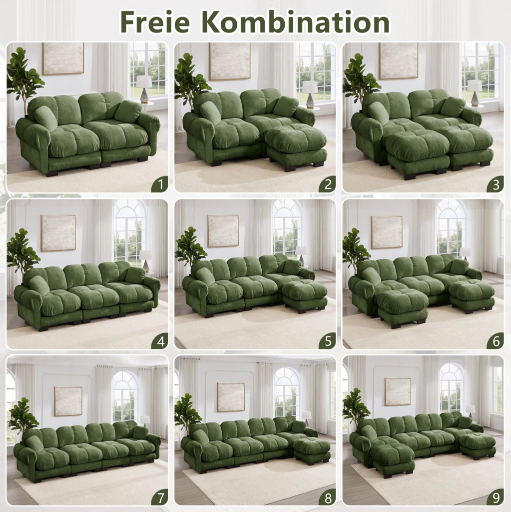Divano modulare in ciniglia con pouf mobili 330×149×90 cm verde