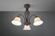 RUSTICA PLAFONIERA METALLO RUGGINE CON 3 DIFFUSORI VETRO BIANCO D. 55CM ATTACCO E14
