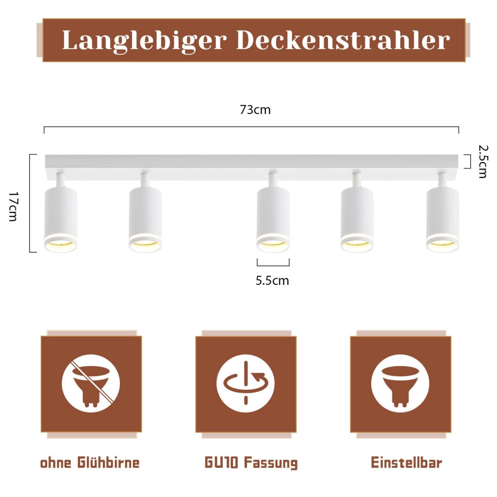 ZMH Faretto da soffitto bianchi 5 luci GU10 orientabili 355° metallo moderni per cucina soggiorno camera senza lampadina