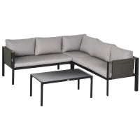 Set da Giardino 4 Pezzi con 2 Divanetti, Poltrona Angolare e Tavolino da Caffè in Vetro Temperato