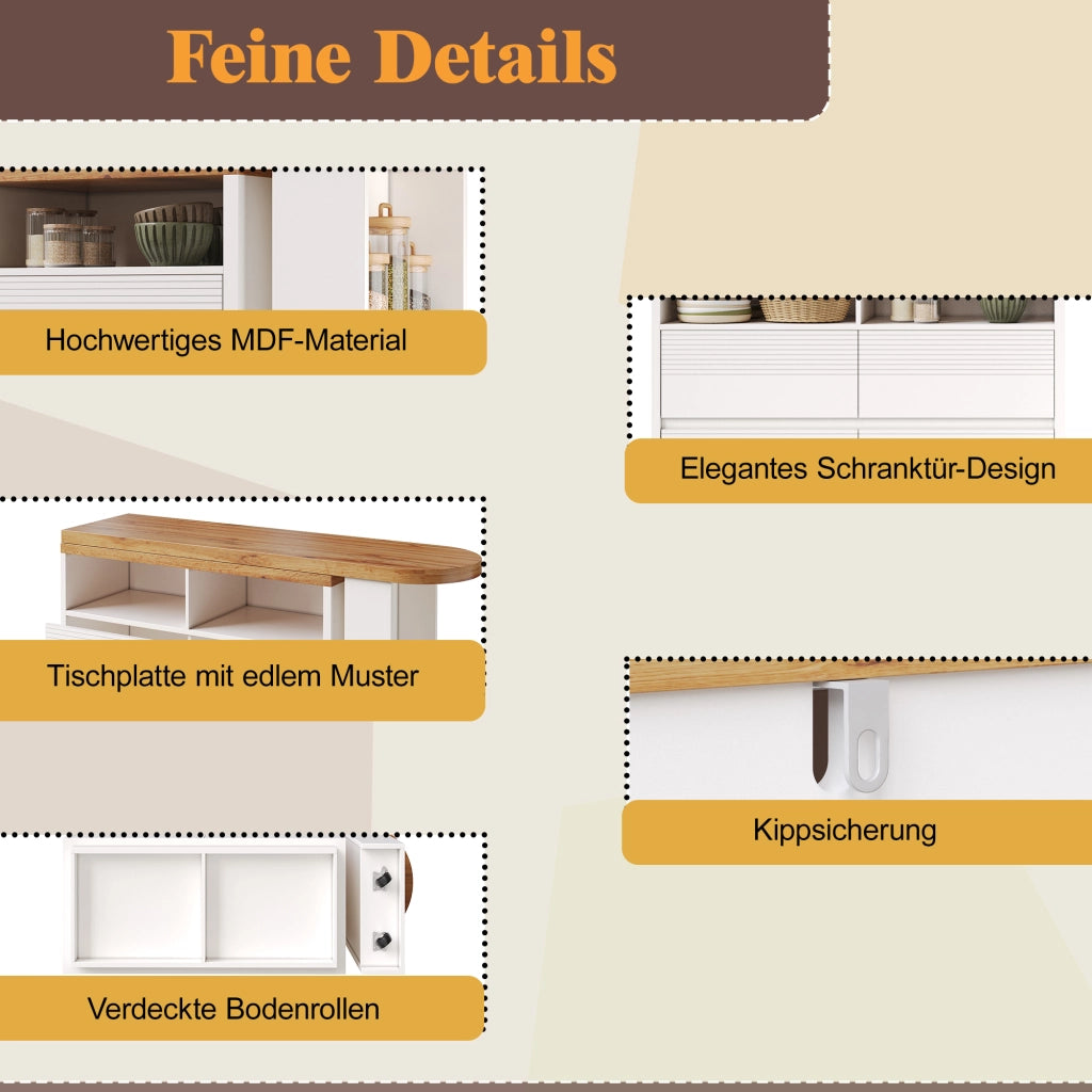 Tavolo allungabile con 6 cassetti e vani aperti, su ruote, per soggiorno e cucina, in MDF bianco, 137-215 × 39 × 102.3 cm