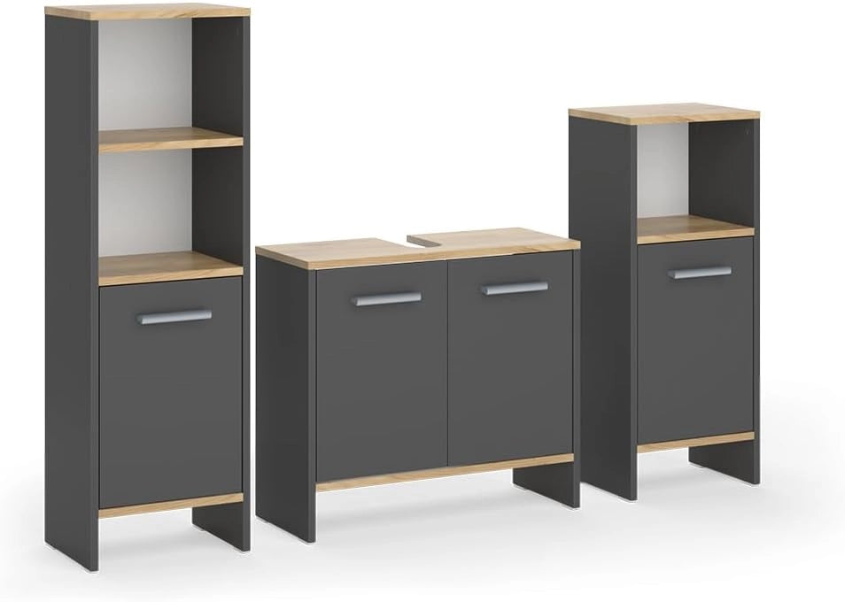 Set di mobili da bagno Karli, Antracite/quercia dorata, 3 pezzi