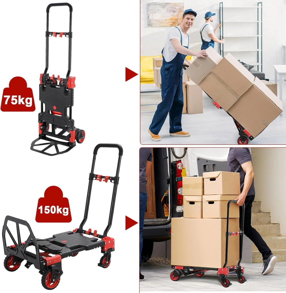 Carrello 2-in-1 con con Grande Scatola Pieghevole, Carrello a Piattaforma max. 150 kg, 2 Elastici con Gancio, Regolabile in Altezza a 3 Livelli, per Trasporto, Shopping, Campeggio, Trasloco (Rosso)