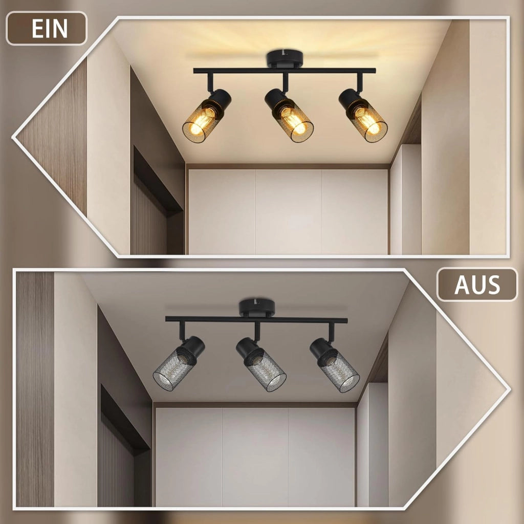 ZMH Faretto da soffitto neri retrò 3 luci E27 rotanti 330° paralume metallo max 25W senza lampadina