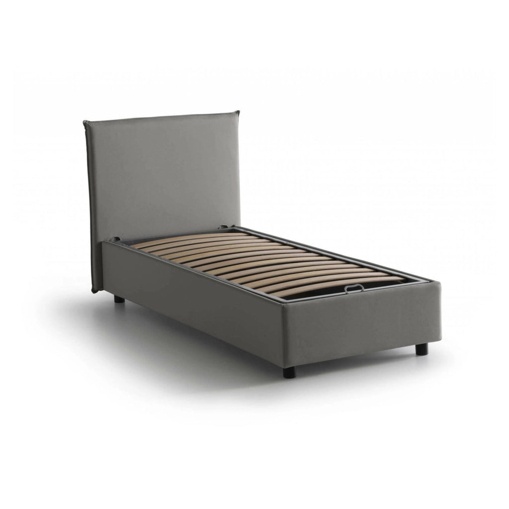 Letto singolo Alder, Letto contenitore con rivestimento in tessuto, Made in Italy, Apertura frontale, adatto per materasso cm 90x200, Grigio