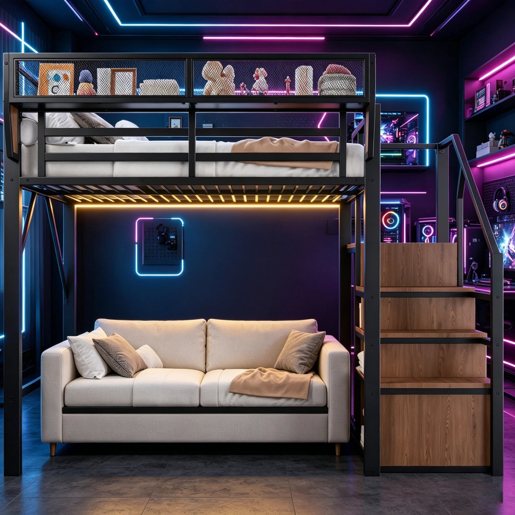 Letto a soppalco 140 × 200 cm con LED, scala di sicurezza e ripiano regolabile, senza materasso, metallo nero