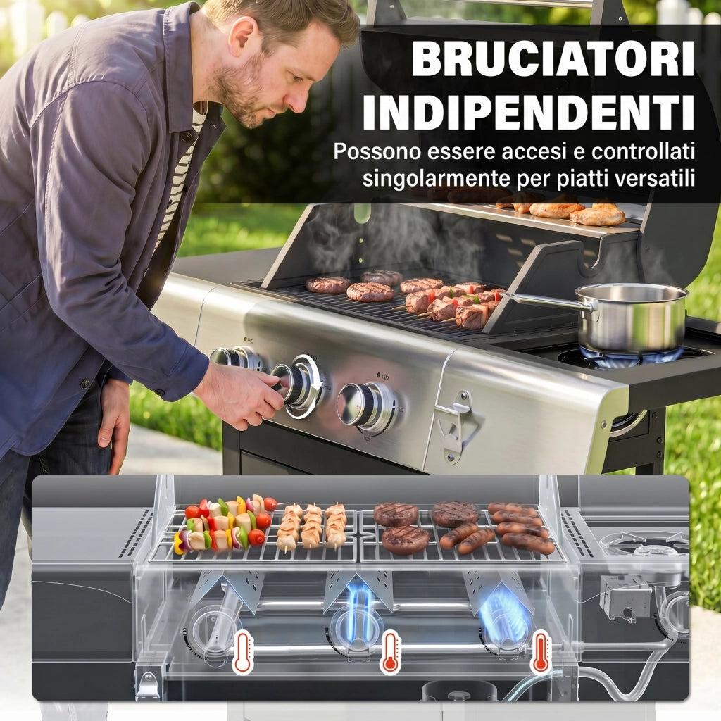 Barbecue a Gas 3 Fuochi con Bruciatore Laterale ¨C zephmum ¨C Nero 109x50x109 cm